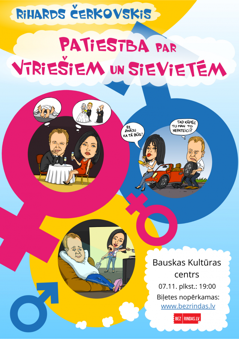 Stāvizrāde “Patiesība par Vīriešiem un Sievietēm” 2024. gada 7. novembrī plkst. 19:00 Bauskas Kultūras centrā